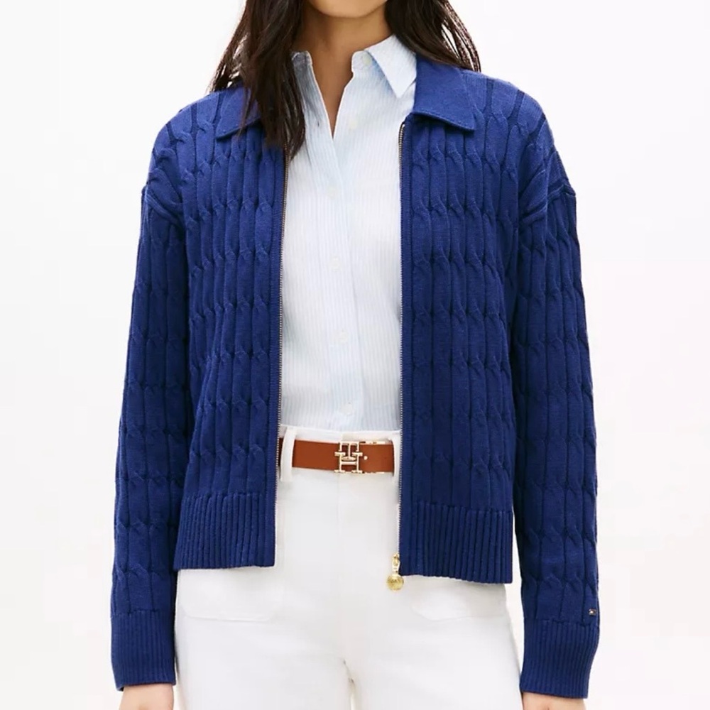 Blue Cable-Knit Zip Front Women's Sweater Jacket